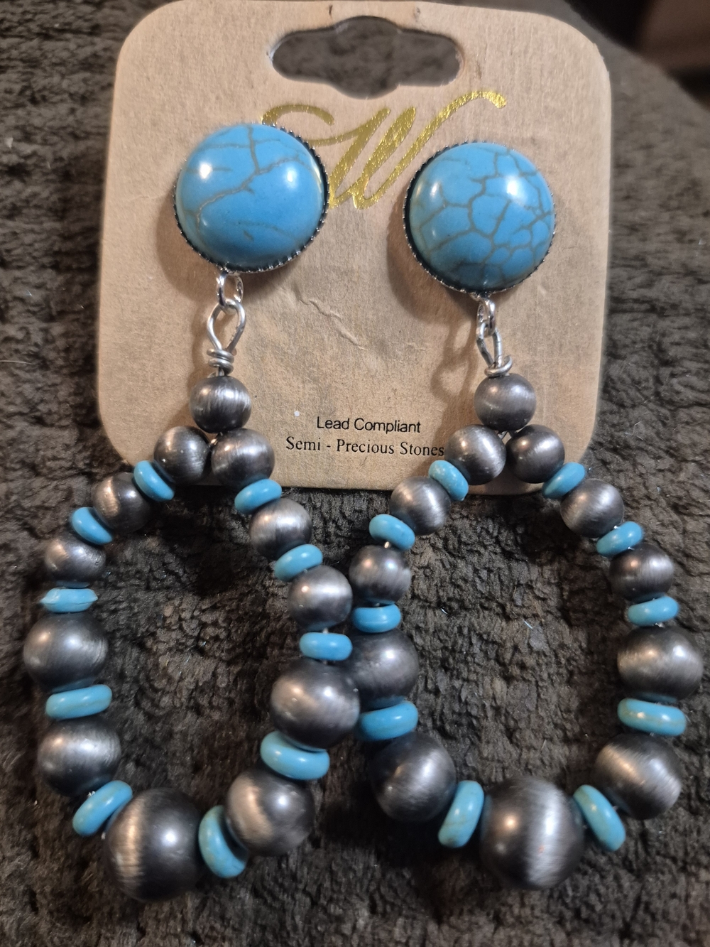 Turquoise Bead Hoop Earrings with Silver-Tone Accents